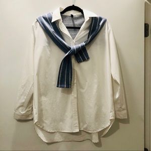 Tailored White Button-Down with Preppy Illusion Sweater